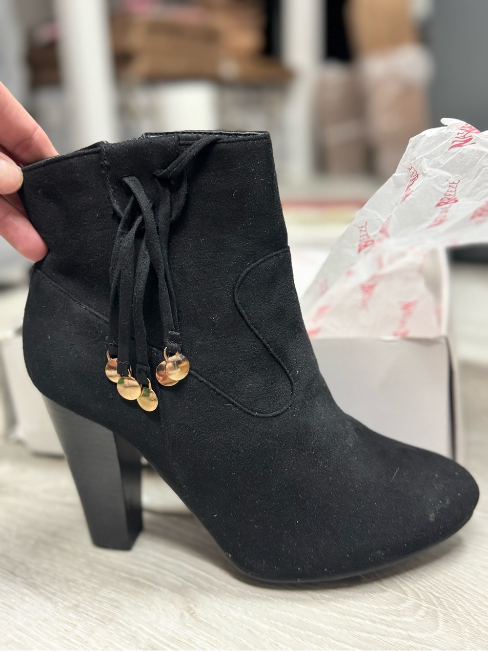 Black Suede Tassel Ankle Boot with Gold Accent